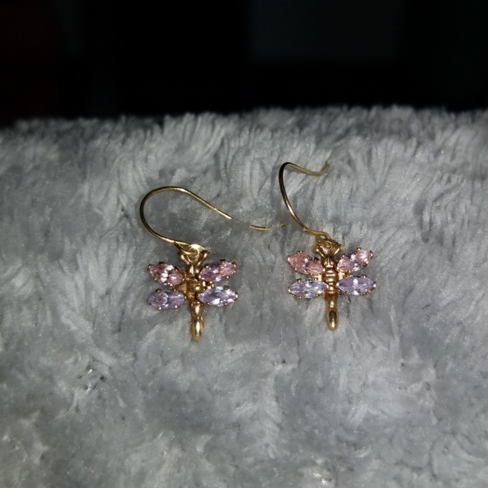 Real gold pink & purple dragonfly earrings